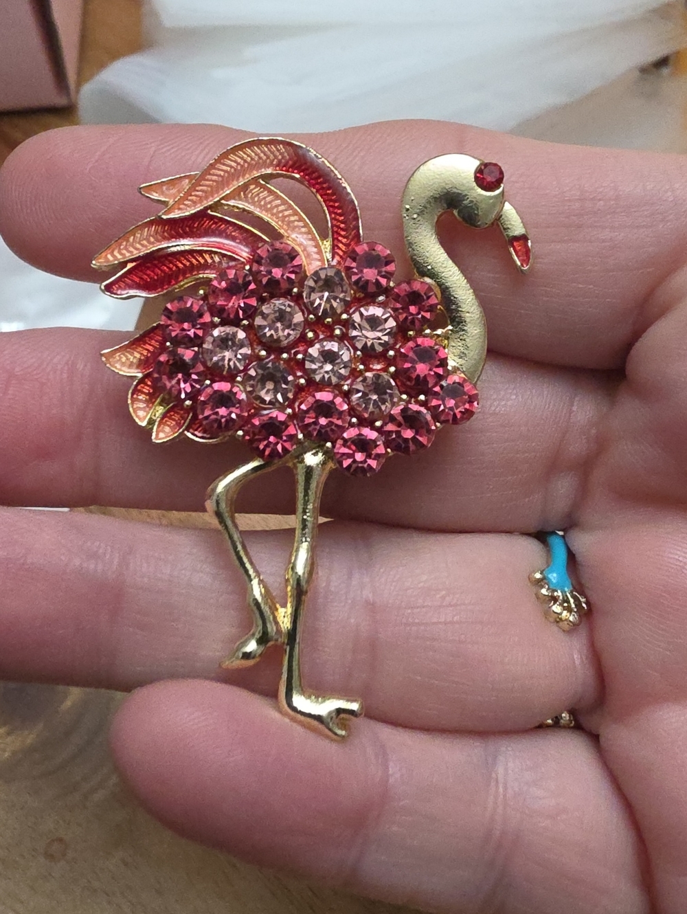 A99- Gold Flamingo Brooch with Pink Crystal Accents